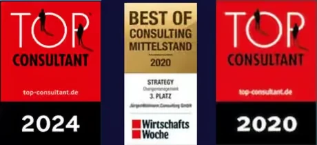 Siegel TOP Consultant 2024, Best of Consulting Mittelstand 2020 der WirtschaftsWoche (Strategy, 3. Platz) und TOP Consultant 2020