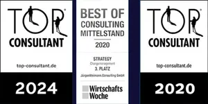 Auszeichnungen: TOP Consultant 2024 und 2020, Best of Consulting Mittelstand 2020 der WirtschaftsWoche (Strategy, 3. Platz)